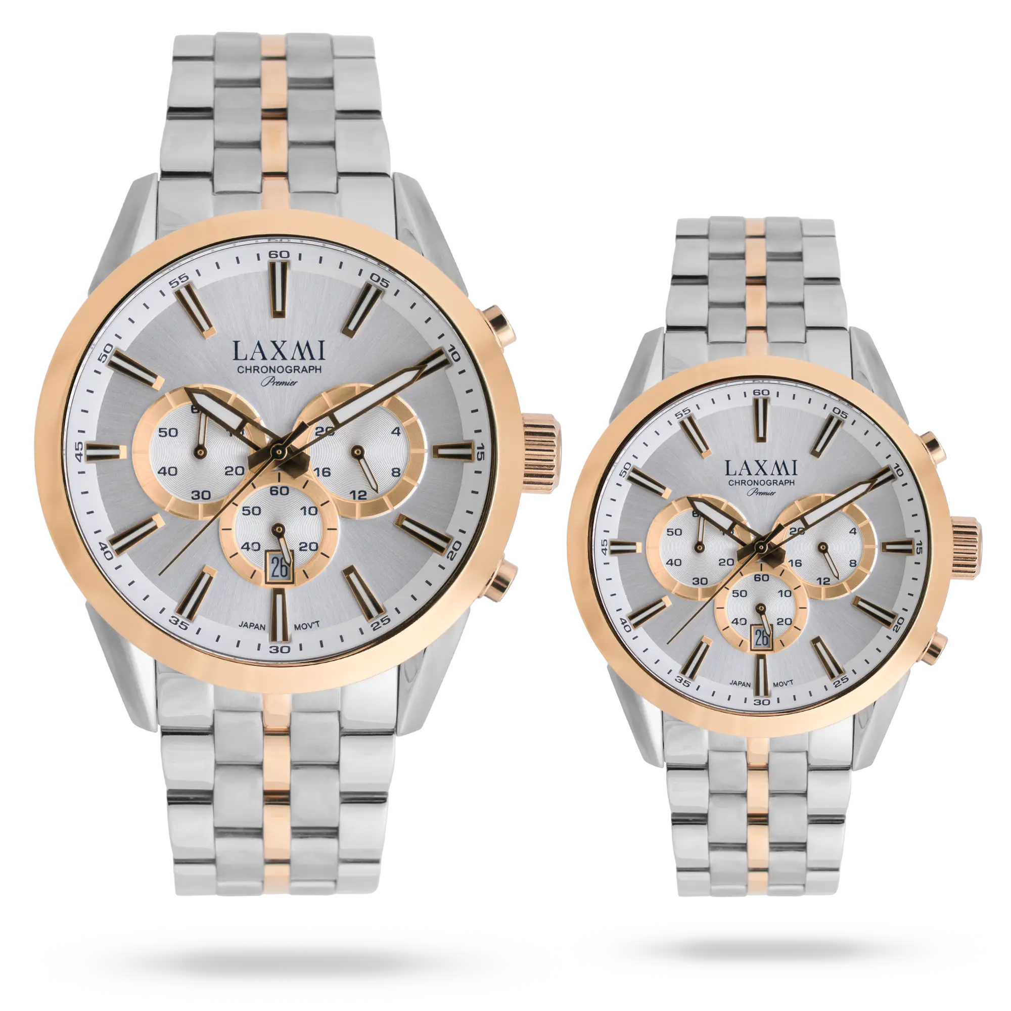 laxmi-watch-8543-14.webp ساعت مچی ست لاکسمی بند استیل دو رنگ طلای نقره ای کد Laxmi 8543/14 - تصویر 1