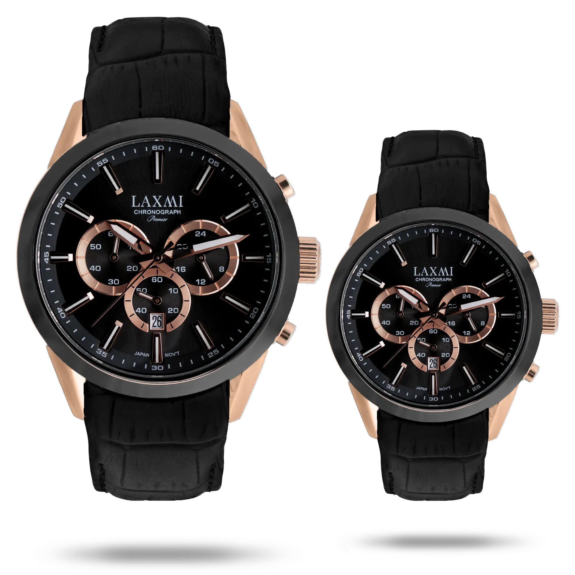 laxmi-watch-8543-7.webp ساعت مچی ست لاکسمی بند چرم دو رنگ مشکی رزگلد کد Laxmi 8543/7 - تصویر 1
