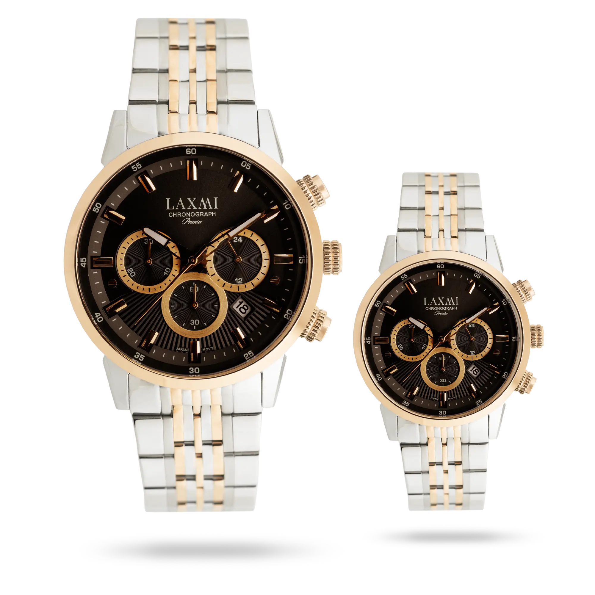 laxmi-watch-8546-7.webp ساعت مچی ست لاکسمی بند استیل دو رنگ رزگلد نقره ای کد Laxmi 8546/7 - تصویر 1