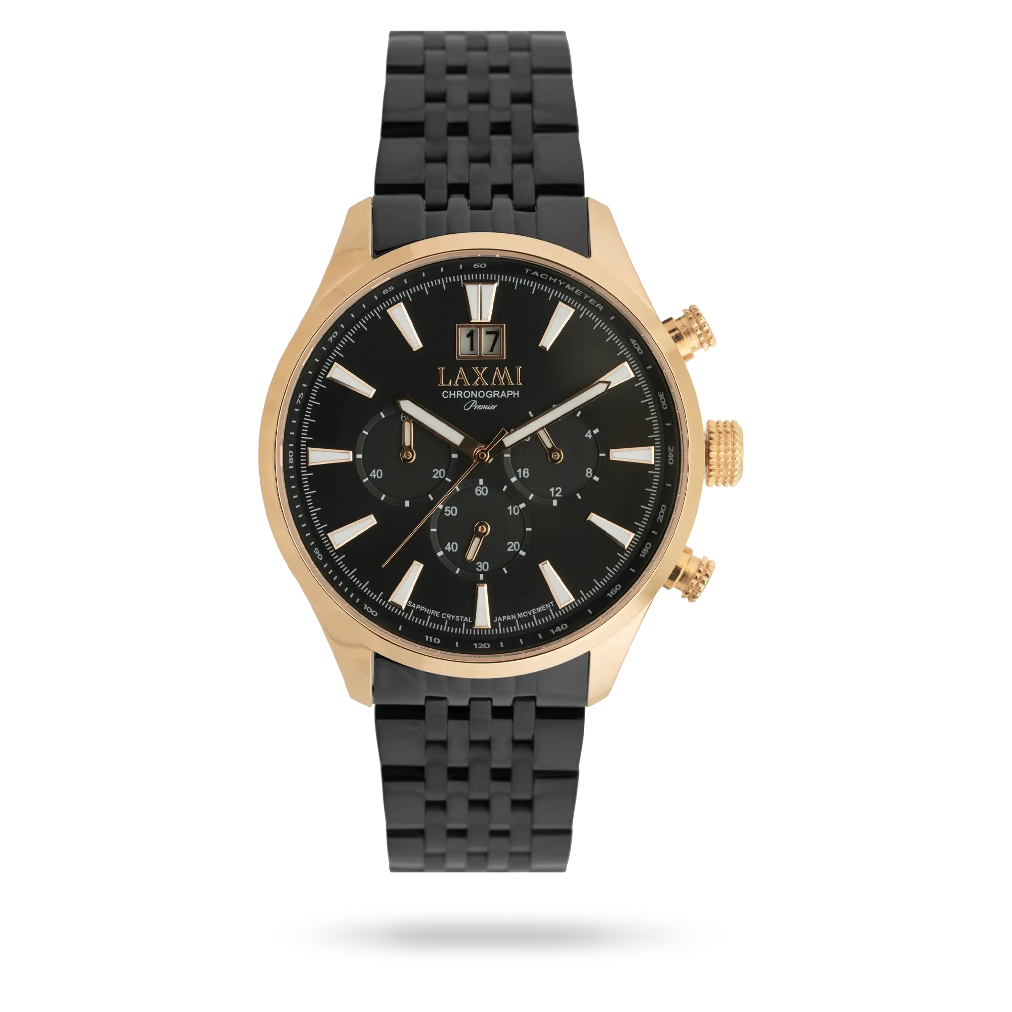 laxmi-watch-8570-8.webp ساعت مچی مردانه لاکسمی بند استیل دو رنگ مشکی رزگلد کد Laxmi 8570/8 - تصویر 1