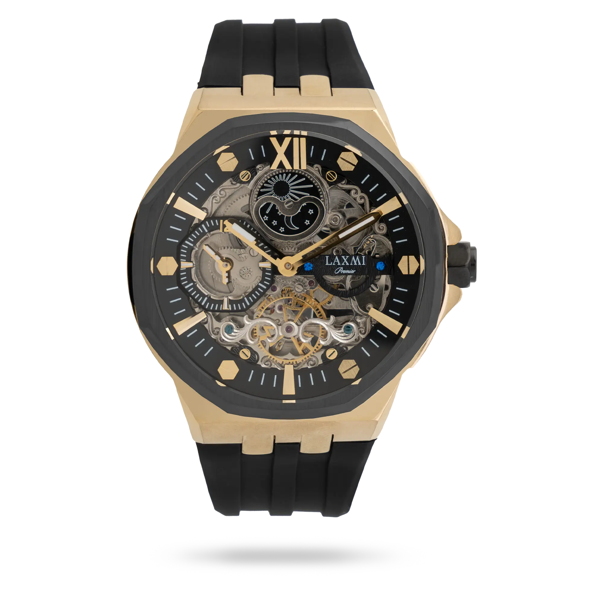 laxmi-watch-8804-2.webp ساعت مچی مردانه لاکسمی بند سیلیکون مشکی طلایی کد Laxmi 8804/2 - تصویر 1