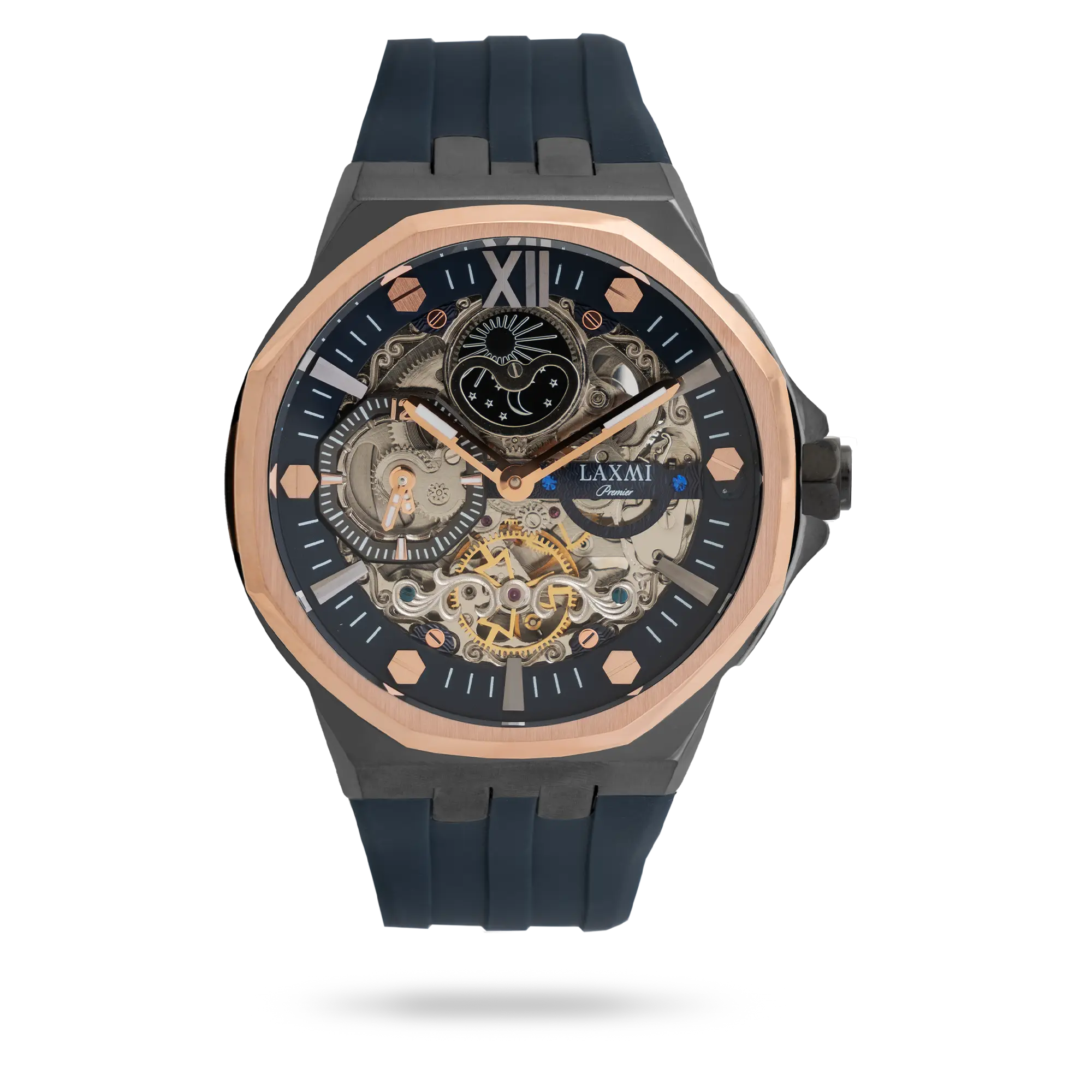 laxmi-watch-8804-4.webp ساعت مچی مردانه لاکسمی بند سیلیکون دو رنگ مشکی رزگلد کد Laxmi 8804/4 - تصویر 1