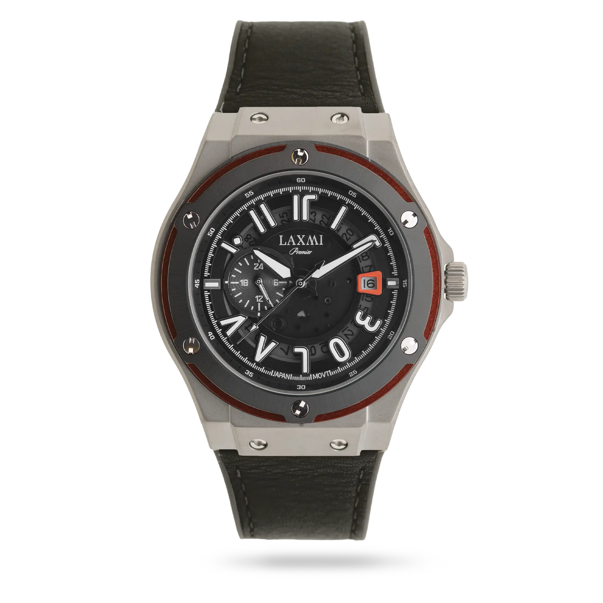 laxmi-watch-8819-1.webp ساعت مچی مردانه لاکسمی بند چرم دو رنگ نقره ای دودی کد Laxmi 8819/1 - تصویر 1