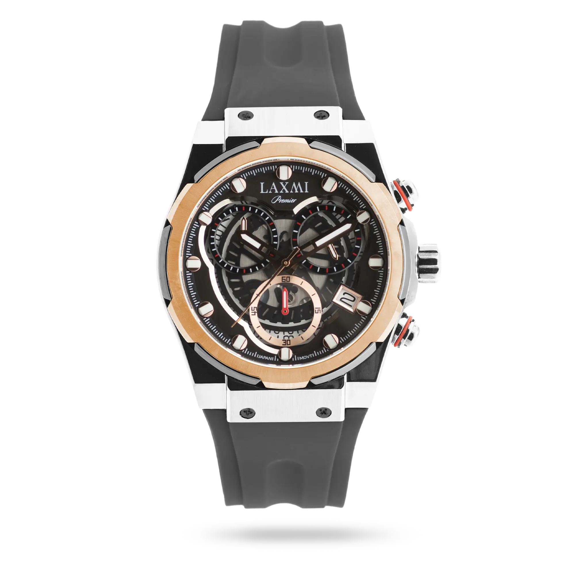 laxmi-watch-8835-1.webp ساعت مچی مردانه لاکسمی بند سیلیکون دو رنگ رزگلد نقره ای کد Laxmi 8835/1 - تصویر 1
