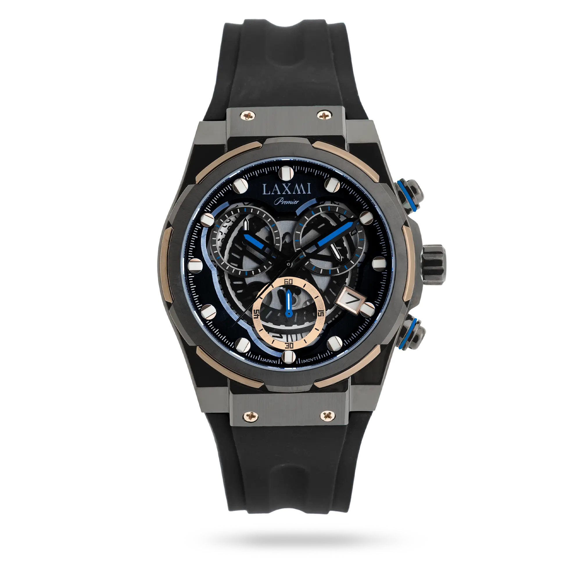 laxmi-watch-8835-3.webp ساعت مچی مردانه لاکسمی بند سیلیکون دو رنگ مشکی رزگلد کد Laxmi 8835/3 - تصویر 1