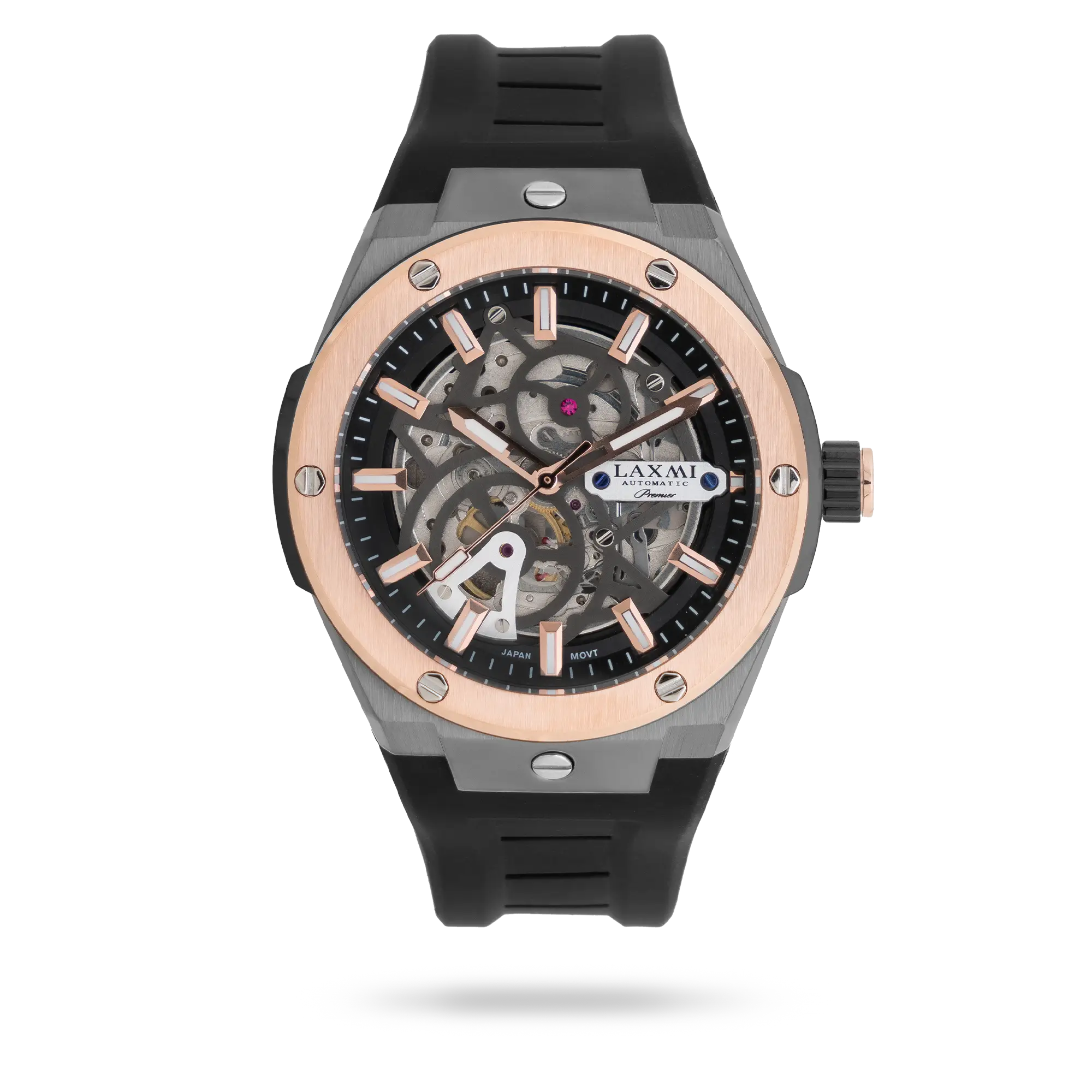laxmi-watch-8910-3.webp ساعت مچی مردانه لاکسمی بند سیلیکون دو رنگ دودی رزگلد کد Laxmi 8910/3 - تصویر 1