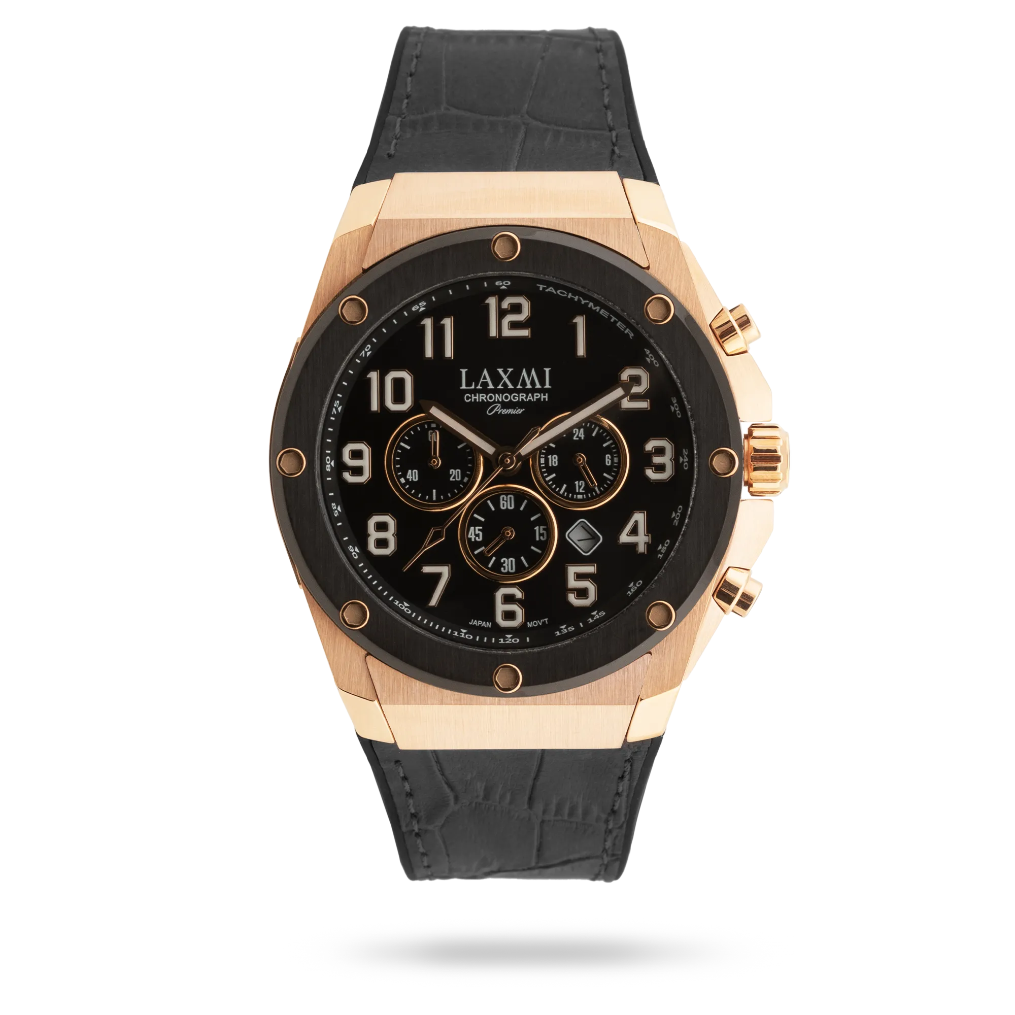 laxmiwatch-8554-5.webp ساعت مچی مردانه لاکسمی بند چرم دو رنگ مشکی رزگلد کد Laxmi 8554/5 - تصویر 1
